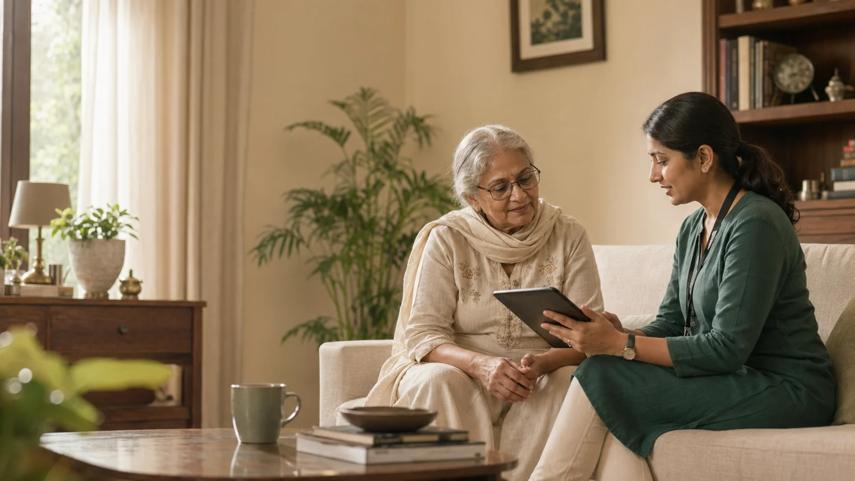 Care coordinator reviewing a care plan with an older parent at home