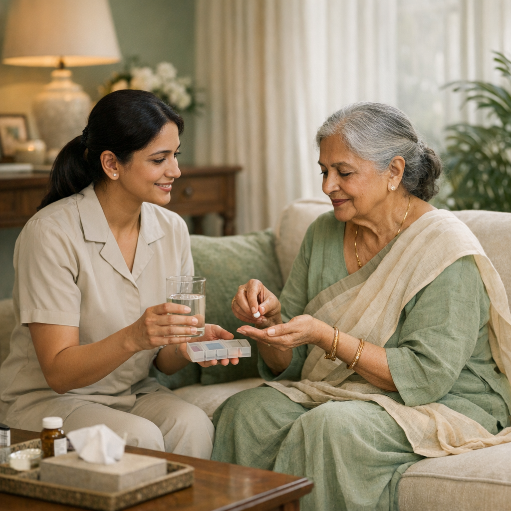 Older adult connected to family by video call