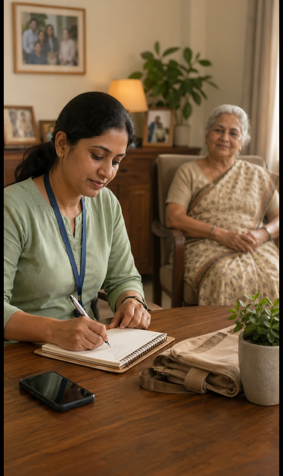 Caregiver preparing support notes