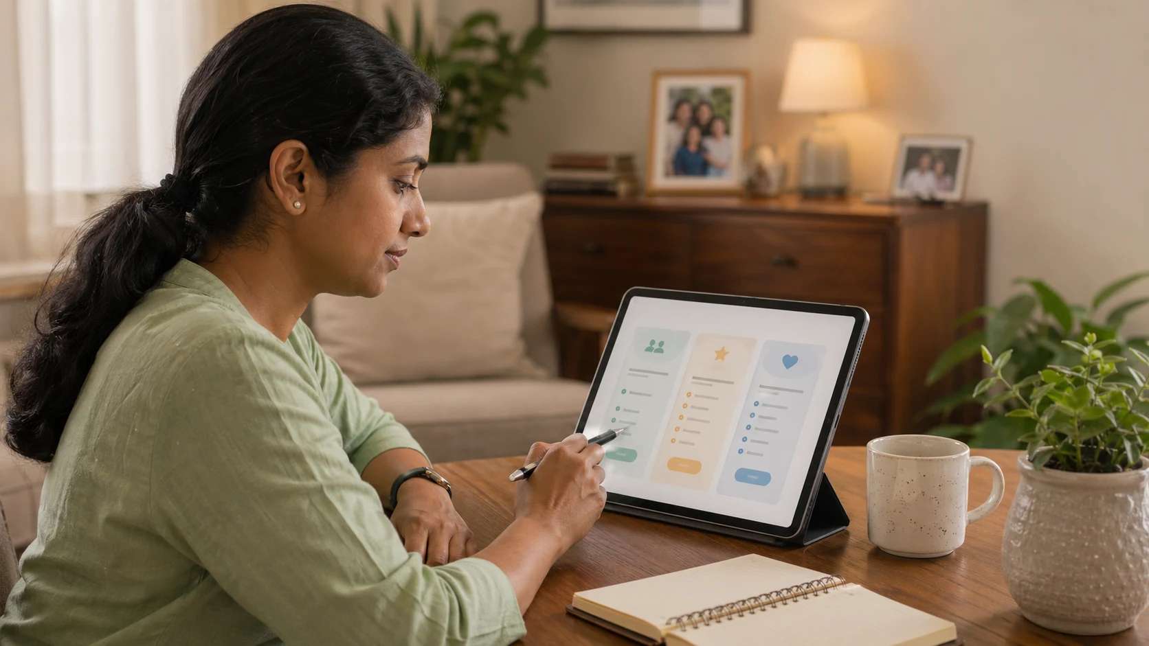 Caregiver helping an older adult review support on a tablet