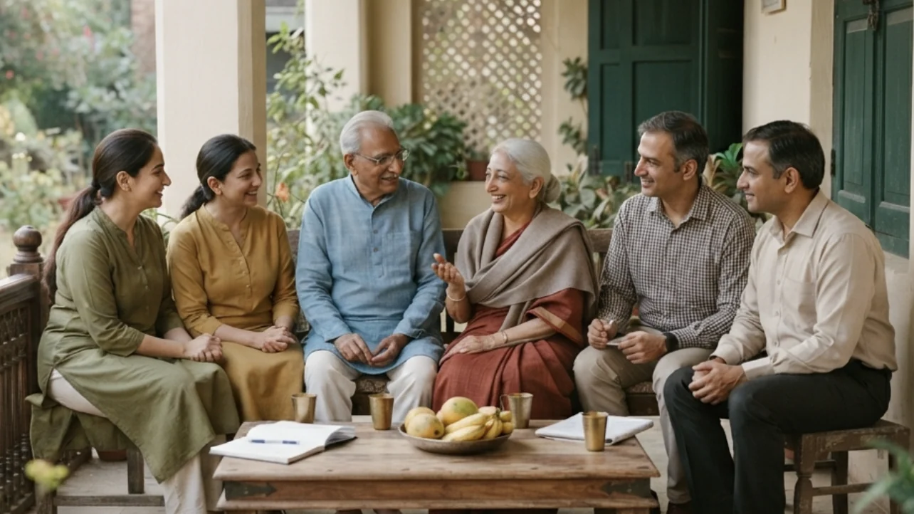 A joint Indian family gathered on a home verandah in conversation together