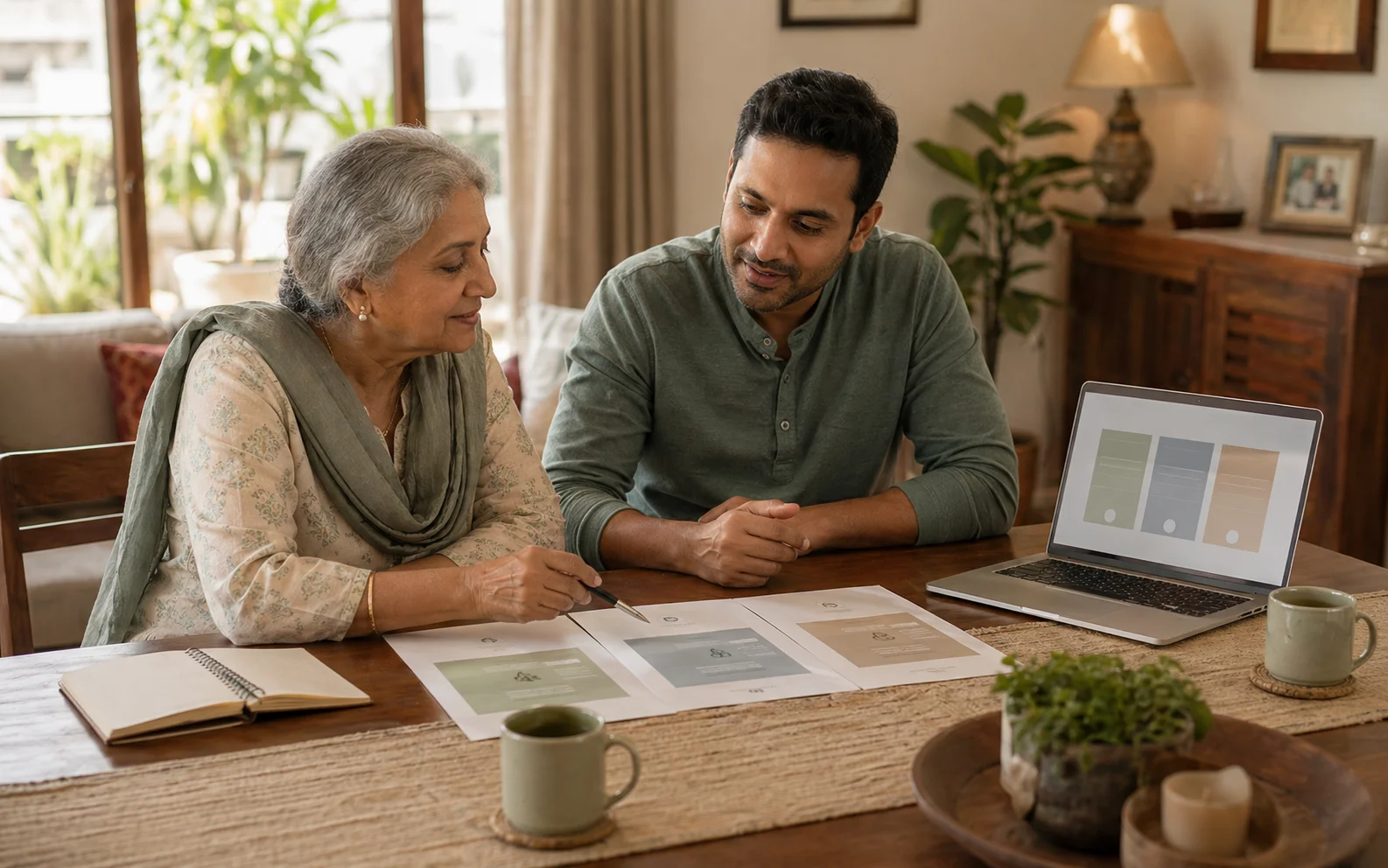 Caregiver helping an older adult review support on a tablet