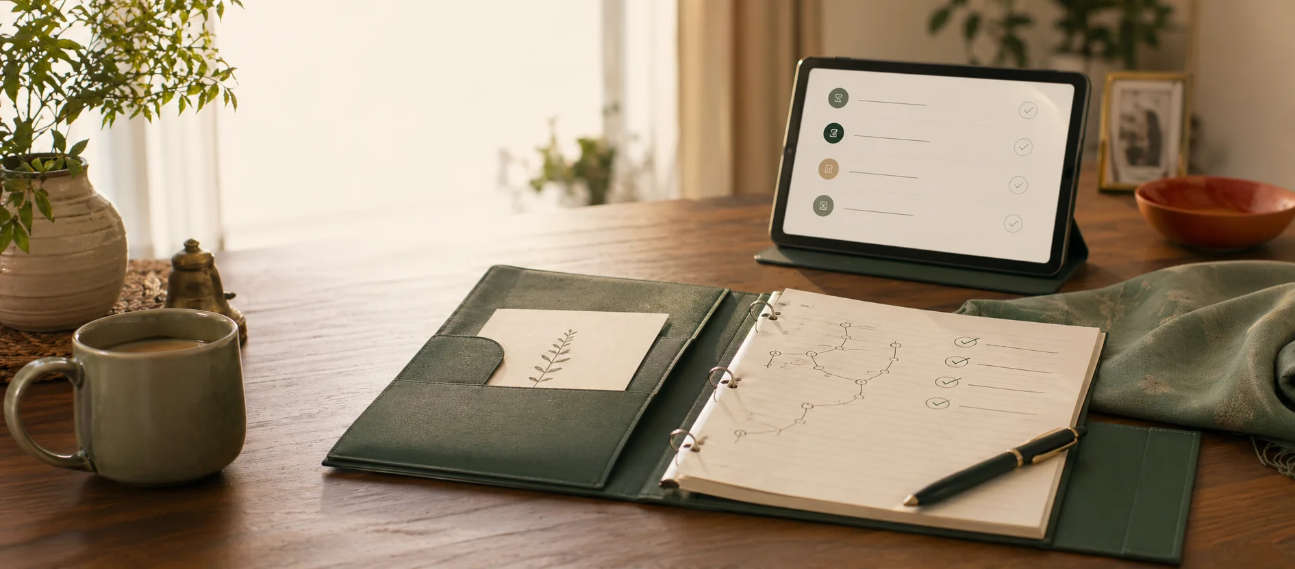 A calm care planning desk with a tablet checklist and service notes