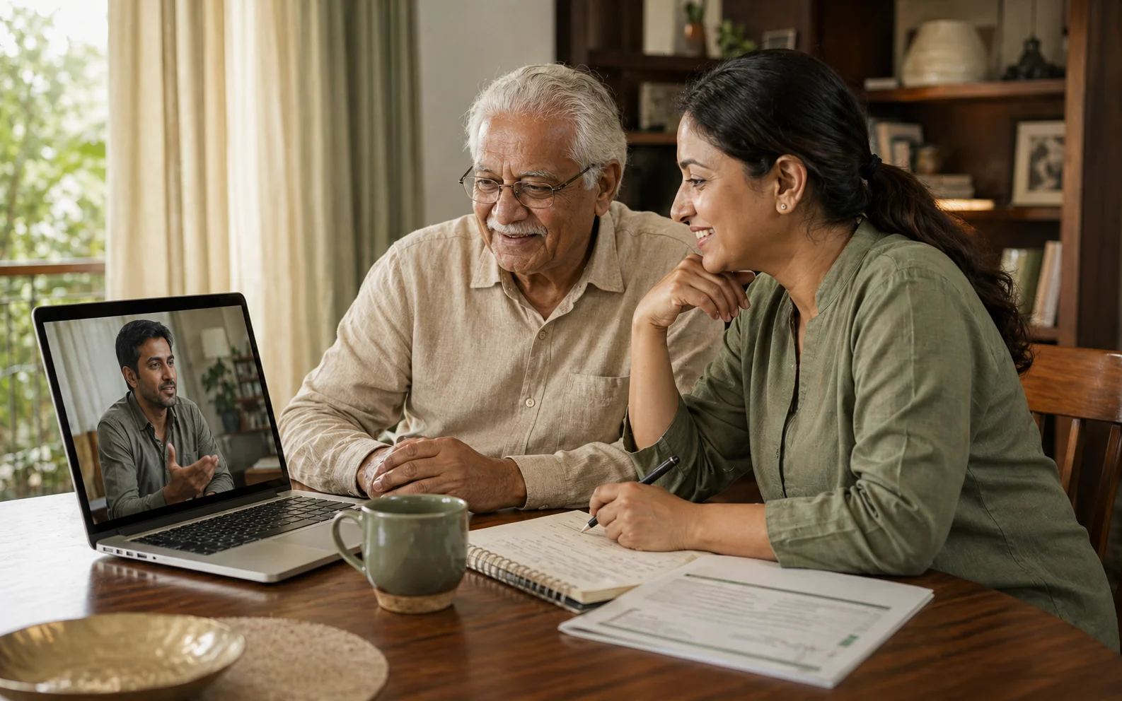 Family care planning conversation at home over a video call